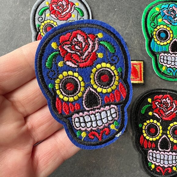 Set of 5 Large Day of the Dead Sugar Skull Iron On Patches - Picture 2 of 7